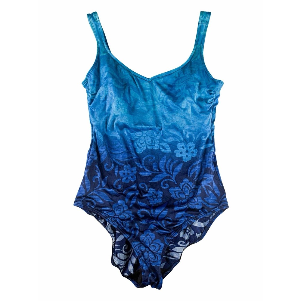 Delta Burke 14W One Piece Swimsuit Blue Floral Ruched Tummy Control Y2K Style